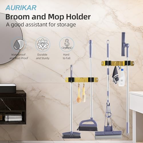 Broom Holder Wall Mount, 2-Pack Stainless Steel Mop and Broom Organizer, Broom Hanger with 2 Slots 2 Hooks for Home Kitchen, Garage, Garden and Laundry Room, Gold