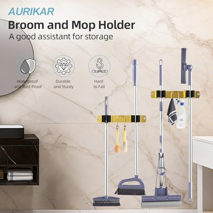 Broom Holder Wall Mount, 2-Pack Stainless Steel Mop and Broom Organizer, Broom Hanger with 2 Slots 2 Hooks for Home Kitchen, Garage, Garden and Laundry Room, Gold