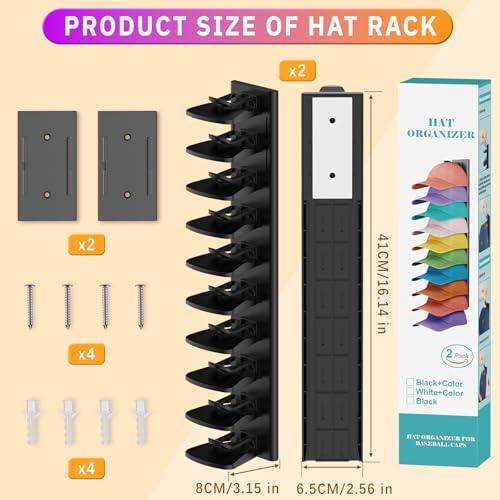 Hat Organizer for Baseball Caps, 2 Pack Hold Up to 40 Hats | Hat Rack for Wall Space Saving, Hat Hanger w/Strong Adhesive Hat Storage Holder Display for Closet Door and Wall (Black)