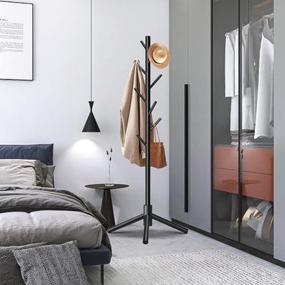 Unisakey 8-Hook Freestanding Wooden Coat Rack 3 Adjustable Heights Black | Stable Triangular Base for Safety,Durable Construction,Simple Tool-Free Assembly,Ideal for Bedroom Hallway Office Entryway