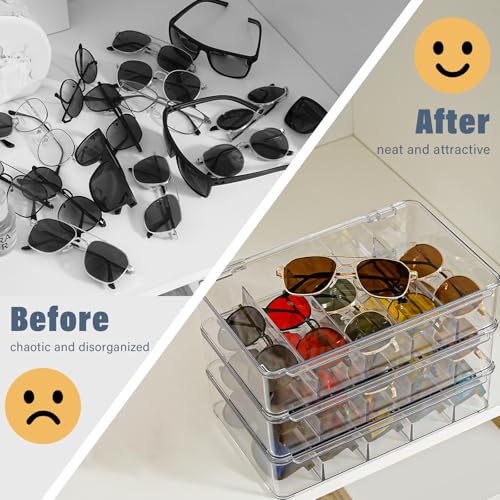 Sunglass Organizer, 3 Layers Acrylic Sunglasses Organizer, Clear Stackable Glasses Storage Organizer with Lid, Eyeglass Storage for Multiple Glasses, Reading Glasses