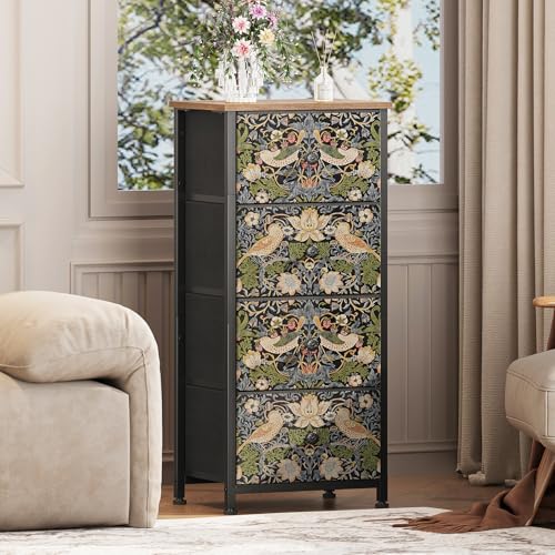 Dresser for Bedroom with 4 Drawer Strawberry Thief Dresser Vintage Storage Tower Unit Nightstand for Living Room Hallway Kids Room Closet Sturdy Steel Frame Wooden Top, Brown