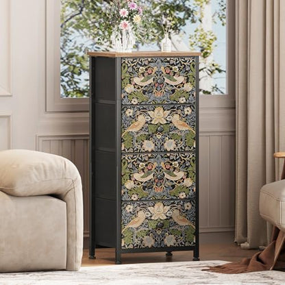 Dresser for Bedroom with 4 Drawer Strawberry Thief Dresser Vintage Storage Tower Unit Nightstand for Living Room Hallway Kids Room Closet Sturdy Steel Frame Wooden Top, Brown