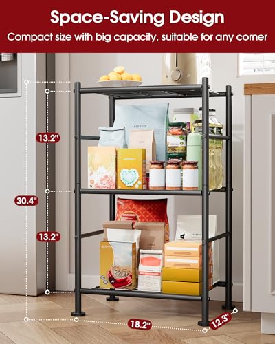 2-Pack Storage Shelves - 3-Tier Metal Wire Shelf Organizer, Slim Shelf Rack with Adjustable Feet for Laundry Room, Kitchen, Garage Organization, 18.2" x 12.3" x 30.4", Black