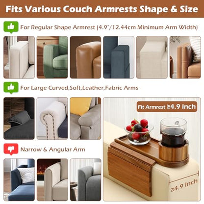 Couch Cup Holder Tray, 15.75" Acacia Wood Couch Armrest Table, 3 in 1 Foldable Sofa Clip on Side Table with 360° Phone Stand, Armrest Tray for Coffee Snacks