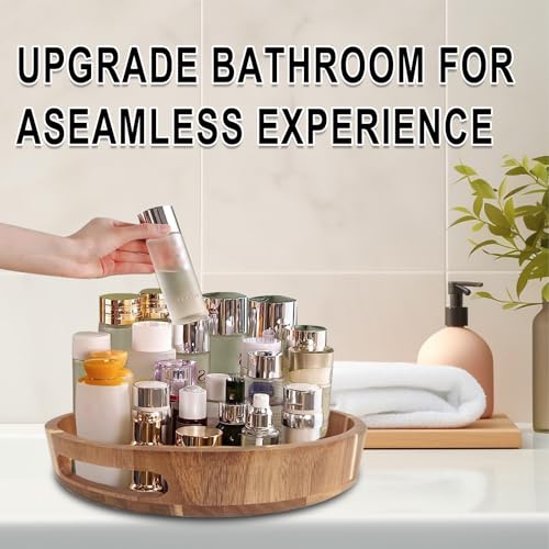 Acacia Wooden Lazy Susan for Table Top-12 Inch Wooden Lazy Susan Turntable with Double Handle-Large Acacia Wooden-Spice Organizer for Countertop, Table, Cabinet