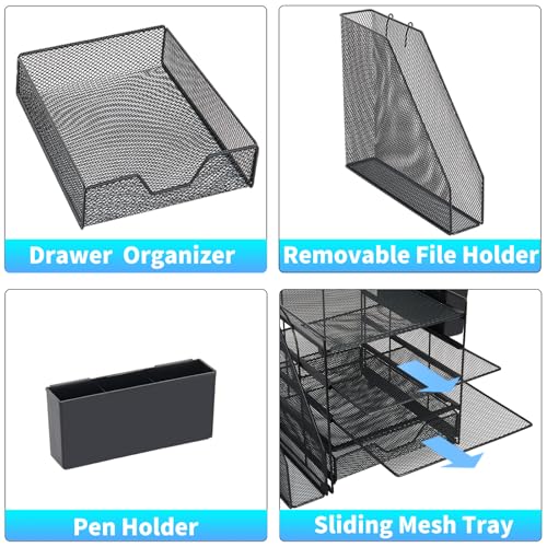 5-Tier Desk File Organizer with Drawer & Pen Holder (Black) | Desk Organizers and Accessories, Office Desk Accessories & Workspace Desktop Organizers for Classroom, Home, Office Supplies