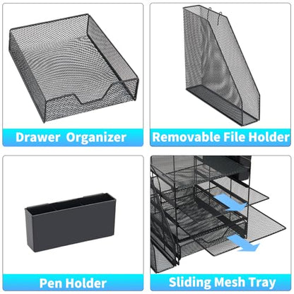 5-Tier Desk File Organizer with Drawer & Pen Holder (Black) | Desk Organizers and Accessories, Office Desk Accessories & Workspace Desktop Organizers for Classroom, Home, Office Supplies