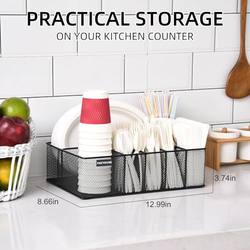 Paper Plate Organizer for Countertop, Black | Silverware Caddy with 6 Compartments for Cup, Napkin, Utensil Holder Caddy for Party, Camping, Picnic
