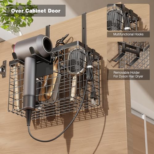 Hair Dryer Holder Cabinet Door, Adhesive Hair Tool Organizer Wall Mount Adjustable Height Blow Dryer Holder Under Sink/Countertop for Flat Curling Iron, Hair Brush and Straightener (1, Black)