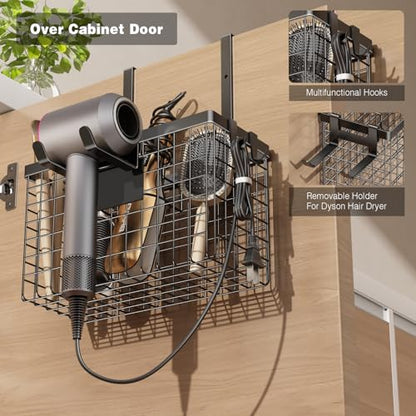 Hair Dryer Holder Cabinet Door, Adhesive Hair Tool Organizer Wall Mount Adjustable Height Blow Dryer Holder Under Sink/Countertop for Flat Curling Iron, Hair Brush and Straightener (1, Black)