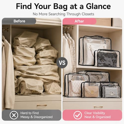 5 Pack Clear Dust Bags for Handbags,5 Sizes Purse Storage Organizer | Purse Protector Storage Bag with Zipper and Handle for closet, Hanging Dust Cover Bag for Handbag