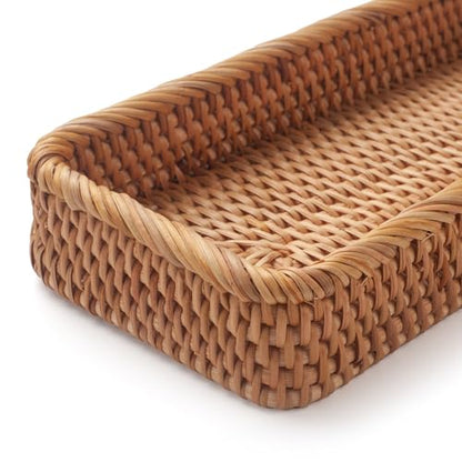 Rattan Bathroom Vanity Trays Toilet Tank Baskets Long Narrow Hand Towel Storage Basket for Storage, Decorative (Natural 10.2 x 4.9 x 1.6 inch)