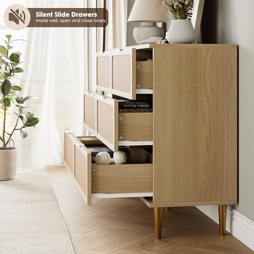 GarveeHome Rattan 6 Drawer Dressers for Bedroom, Deep Drawer, Natural | Tall Dresser, Wide Top, for Living Room, Hallway, Kids Room, Large Chest of Drawers for Closet, Long Wooden Dresser