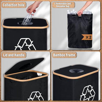efluky Recycling Bin for Kitchen 26 Gallon, 100L Recycle Bin with 2 Removeable and Reusable Inner Bag, Large Recycling bin with lid for Bottle Can Plastice Stickers (Black)
