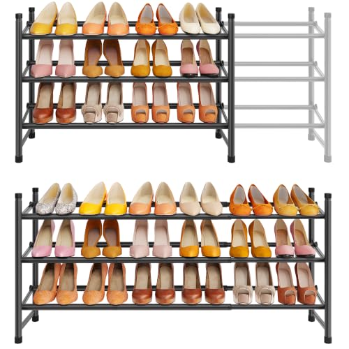 Expandable Shoe Rack for Closet 3 Tier, 28“-41“Stackable, Black | Adjustable Shoe Organizer Closet Shoe Rack Floor, Metal Shoe Shelf Storage for Entryway, Closet, Garage, Front Door Entrance