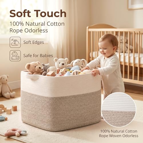 OIASKET 108L Cotton Rope Storage Basket for Living Room and Bedroom 25"x16"x16" Woven Laundry Basket, Heavy Duty Bin for Blankets, Pillows & Toys, Pet-Safe & Scratch-Free, Brown and White