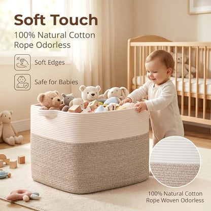 OIASKET 108L Cotton Rope Storage Basket for Living Room and Bedroom 25"x16"x16" Woven Laundry Basket, Heavy Duty Bin for Blankets, Pillows & Toys, Pet-Safe & Scratch-Free, Brown and White