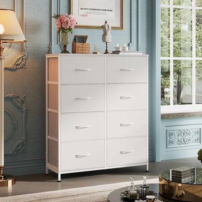 WLIVE 8 Drawer White Fabric Dresser for Bedroom, Tall Storage Tower | White tall 8-drawer fabric dresser with bins, ideal baby dresser for nursery kids room closet toddler clothes organization