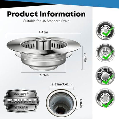 Upgraded 3 in 1 Kitchen Sink Drain Strainer (Silver-2Pack) | Stainless Steel Sink Stopper, Anti-Clogging Food Catcher Basket, Bounce Core Drain Strainer Plug for 3 1/2 inch Drain