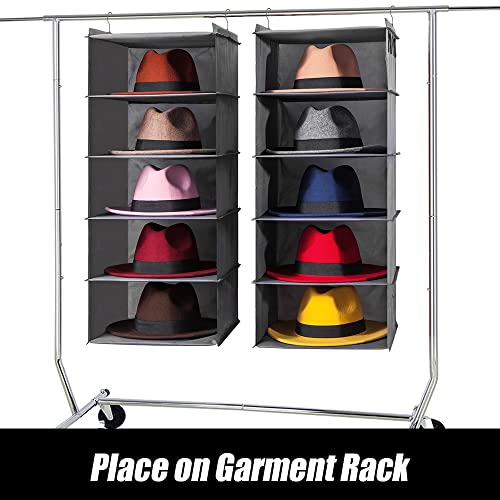 Oxford Cloth Hat Rack for Closet, Storage or Display, Grey, Large | Space Saver, 10-Shelf Organizer for Wide Brim Fedora, Trilby, Sunhat, Cowboy Hat, Baseball Cap, 2 Separate 5-Shelf, M, L, XL