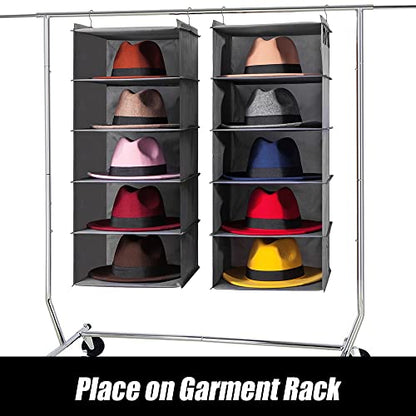 Oxford Cloth Hat Rack for Closet, Storage or Display, Grey, Large | Space Saver, 10-Shelf Organizer for Wide Brim Fedora, Trilby, Sunhat, Cowboy Hat, Baseball Cap, 2 Separate 5-Shelf, M, L, XL