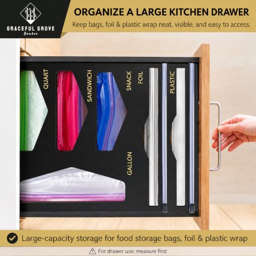 6-in-1 Bamboo Food Storage Bag Organizer for Drawer – Bag Organizer with Foil & Plastic Wrap Dispenser, Built-In Cutter, Holds Gallon Quart Sandwich Snack Bags, Black