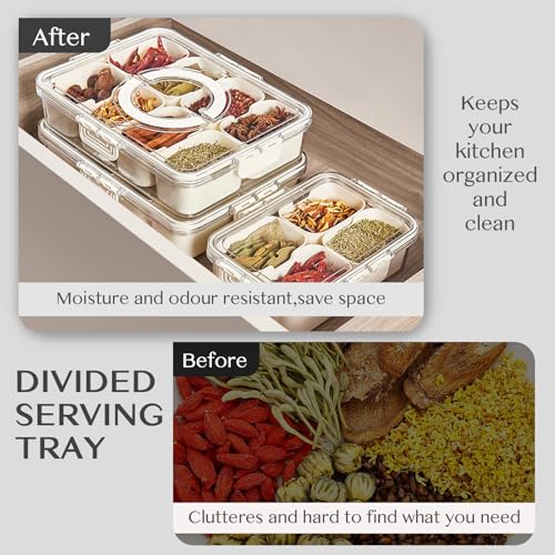 Dunruz Snackle Box Container,Portable Snack Box 8 Compartment Divided Serving Tray with Lid,Clear Storage Organizer for Fruit Candy Nuts Veggie-Perfect for Road Travel Party