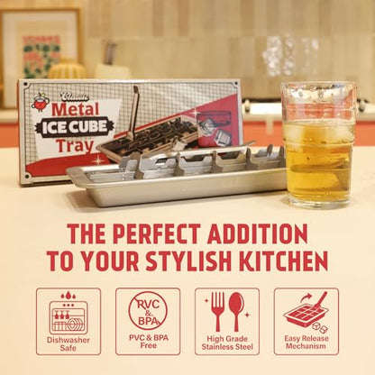 Metal Stainless Steel Ice Cube Trays with Lever, 18 cubes | Vintage Retro Design, 11 Inch, Non Toxic, BPA Free, Plastic Free, No Aluminum, Dishwasher Safe, Cocktails and Whiskey