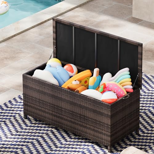 125 Gallon Large Deck Box Waterproof PE Rattan Outdoor Storage Box with Handles and Wheels, Storage Bin for Garden, Balcony, Porch, Pool, Yard | Outdoor Storage Box with Handles and Wheels, Storage Bin for Garden, Balcony, Porch, Pool, Yard