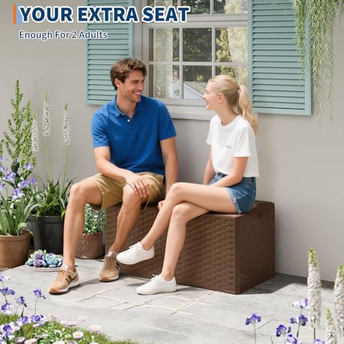 IDEALHOUSE 100 Gal Waterproof Blow Molded Resin Deck Box, Brown | Lockable Outdoor Storage Box with Hydraulic Piston & UV Resistant, Patio Cushion Container for Garden, Backyard, Pool