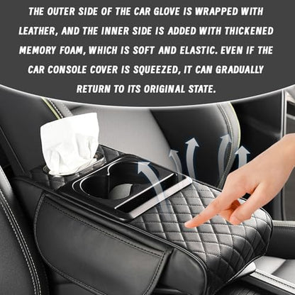 Car Armrest Cushion, 5 in 1 Center Console Cover with 2 Cup Holders, Phone Holder, Tissue Holder, Storage Bag, Multifunctional Leather Heightened Car Armrest Cushion for Most Cars（Black