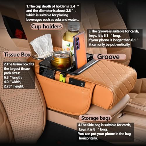 Car Armrest Cushion,5-in-1 Center Console Cover with 2 Storage Bags Cup Holder, Tissue Box Slot, Phone Slot for Sedans, Car Accessories Interior Organizers (Black red)