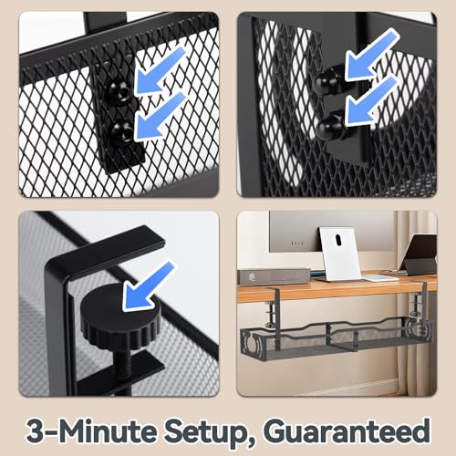 Cable Management, 25.3'' Under Desk Cable Management Tray No Drill | Metal Cable Organizer with Clamp for Wire Management, Cord Organizer for Home Office, Desk Accessories Organizer, Black