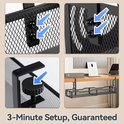 Cable Management, 25.3'' Under Desk Cable Management Tray No Drill | Metal Cable Organizer with Clamp for Wire Management, Cord Organizer for Home Office, Desk Accessories Organizer, Black