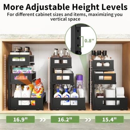 Under Sink Organizer,3-Tier Heavy Duty Pull out Cabinet Organizer Shelf | Height Adjustable,Thickened Metal,Slide out Storage Drawer Rack for Kitchen Bathroom Pantry Laundry Home Organization