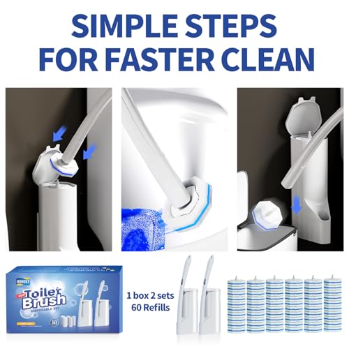 Disposable Toilet Brush Cleaning System, Two Sets of Wands and 60p Refills Pads Replacement Heads, Wall Mounted Toliet Stick Starter Kit Bathroom Maintenance, Toilet Bowl Cleaner Holder