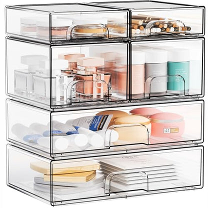 Clear Stackable Storage Drawers - Set of 6 - Acrylic Drawers,Bathroom Organizer Bin and Plastic Makeup Organizer,Clear Stacking Brightroom Storage Boxes for Vanity,Cabinet,Pantry Organization