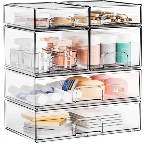 Clear Stackable Storage Drawers - Set of 6 - Acrylic Drawers,Bathroom Organizer Bin and Plastic Makeup Organizer,Clear Stacking Brightroom Storage Boxes for Vanity,Cabinet,Pantry Organization