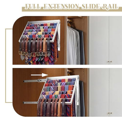 Blulu 13.8'' Sliding Tie Rack for Closet(Right Pull-Out), 60 Tie Pull Out Belt Hanger Wall Mounted Extending Metal Belt Organizer,Sliver