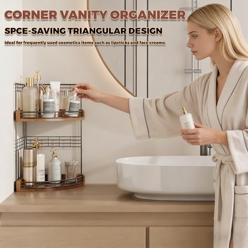 Bathroom Countertop Corner Organizer for Small Spaces, 2-Tier Counter Shelf | Oak Wood & Iron, Fan-Shaped Counter Shelf for Sink & Vanity Corners, Skincare, Toiletries, Compact Vertical Storage, Walnut