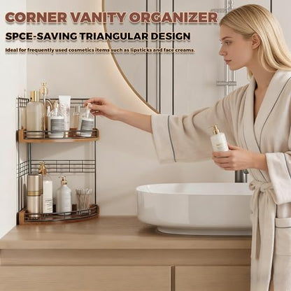 Bathroom Countertop Corner Organizer for Small Spaces, 2-Tier Counter Shelf | Oak Wood & Iron, Fan-Shaped Counter Shelf for Sink & Vanity Corners, Skincare, Toiletries, Compact Vertical Storage, Walnut