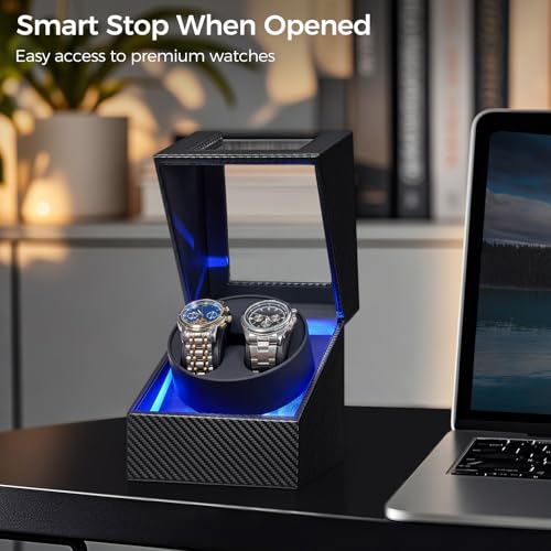 BEWISHOME Watch Winder for Automatic Watches,Double Watch Widner with Light | 4 Modes, Automatic Watch Winder Box Watch Spinner with Japanese Quiet Motor Type-C Adapter or Battery Powered, SYQ02C