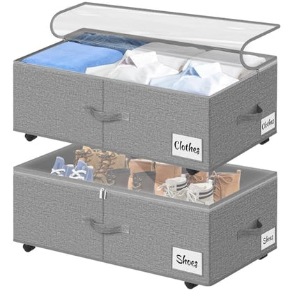 Under Bed Storage with Wheels, 2-Pack 10" Height XXL 75L Rolling Storage Bins, Quick Assembly Underbed Shoe Storage Containers with Clear Lid & Label, Dorm Under Bed Drawers for Clothes, Shoes, Grey