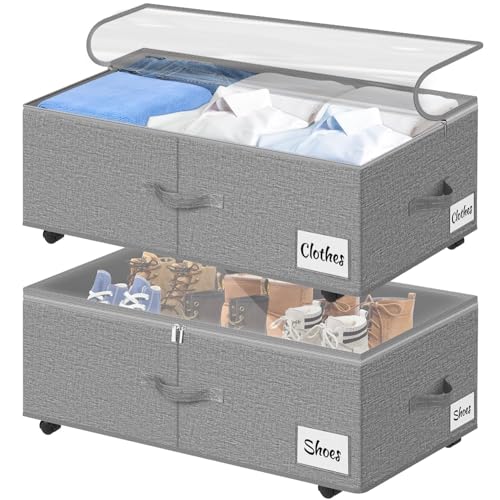 Under Bed Storage with Wheels, 2-Pack 10" Height X... (2 Count | Grey-2 Pack | Linen)