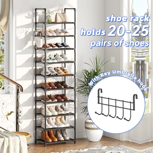 Simple Trending 10 Tiers Tall Shoe Rack for Closet, Black | Narrow Shoe Shelf, Holds 20 Pairs, Shoe Organizer Storage, With Hooks
