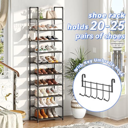 Simple Trending 10 Tiers Tall Shoe Rack for Closet, Black | Narrow Shoe Shelf, Holds 20 Pairs, Shoe Organizer Storage, With Hooks
