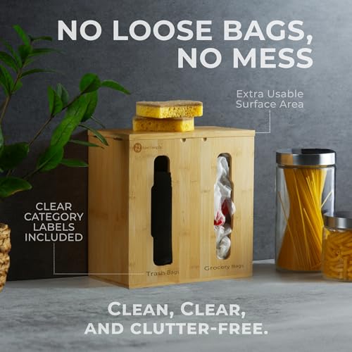2-in-1 Bamboo Plastic Bag Holder and Trash Dispenser – Large Capacity Storage for Kitchen Cabinet, Under Sink Storage, Pantry Organizers, Laundry Room Organization, Kitchen Must Haves 2025