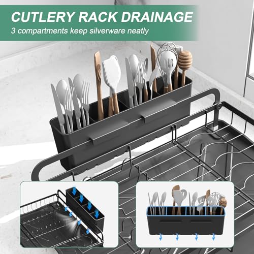 Dish Drying Rack for Kitchen Counter, Large Dish Drying Rack with Utensil Holder & Cutlery Tray, Dish Drainer with Drainboard, Black