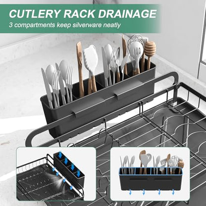 Dish Drying Rack for Kitchen Counter, Large Dish Drying Rack with Utensil Holder & Cutlery Tray, Dish Drainer with Drainboard, Black